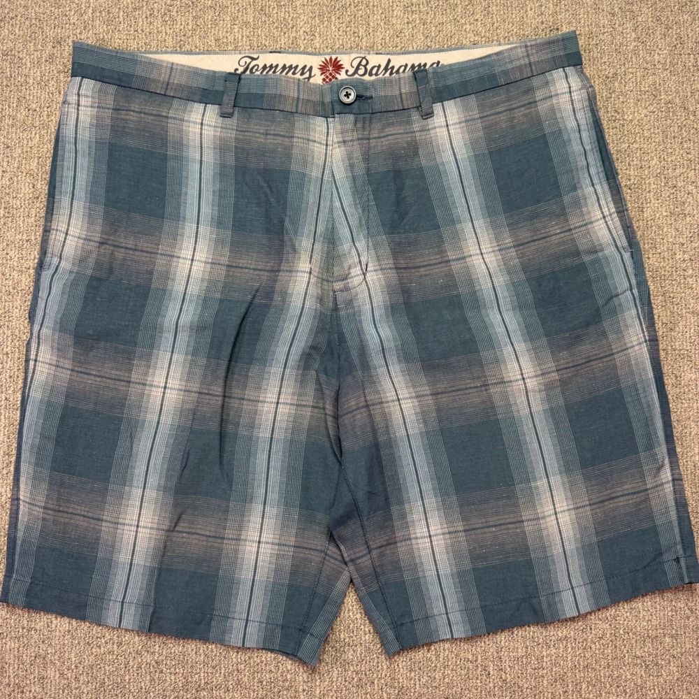 Tommy Bahama Men 38 Plaid Shorts Linen Tencel‎ Flat Front Blue Gray Beach EUC